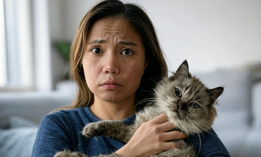 Woman holding gray tabby cat indoors with neutral background.