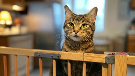 Tabby cat looking through wooden baby gate in cozy indoor room