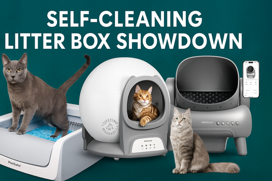 Three fully visible self-cleaning litter boxes—PetSafe, Petcove, and neakasa—are displayed with cats and a teal textured background, under a bold title "Self-Cleaning Litter Box Showdown.