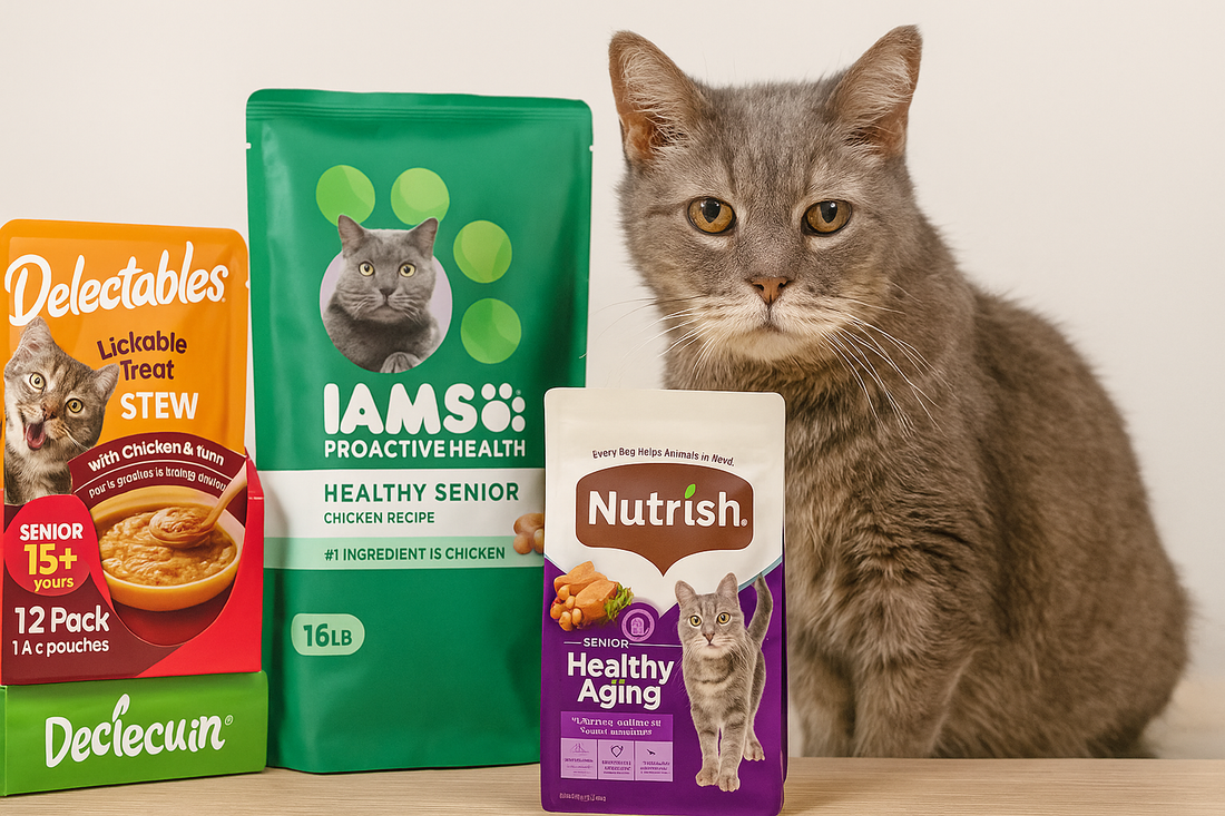 A senior gray cat with golden eyes sits beside three senior cat food products—Delectables Lickable Treats, Iams Healthy Senior, and Nutrish Healthy Aging—each package clearly displayed on a wooden surface