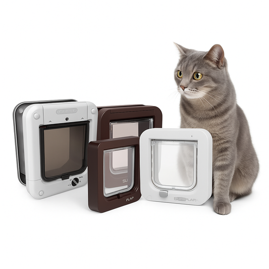 Tabby cat sitting beside different styles of cat doors and flaps