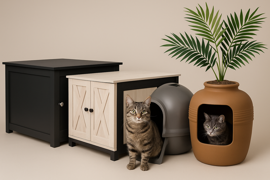 Brown tabby cat sitting in front of modern black and white cat furniture, with a brown rattan-style cat house and a potted plant beside it, all against a neutral background
