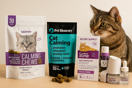 Tabby cat next to various cat treats and supplements on wooden table