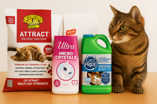 Brown cat sitting next to assorted cat food and litter products on table.