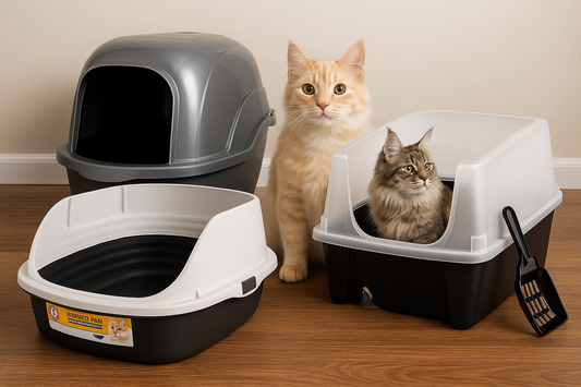 Two cats with different litter boxes and litter tray on wooden floor.