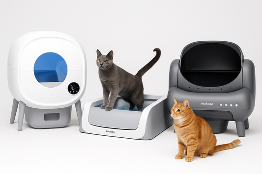 Two cats using different automatic self-cleaning litter boxes