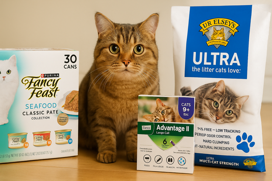 "A brown tabby cat sits between three popular cat products—Fancy Feast seafood paté, Advantage II flea treatment, and Dr. Elsey’s Ultra cat litter—displayed on a hardwood floor."