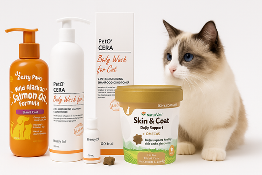 White and brown cat sitting next to various pet grooming products and shampoo bottles.
