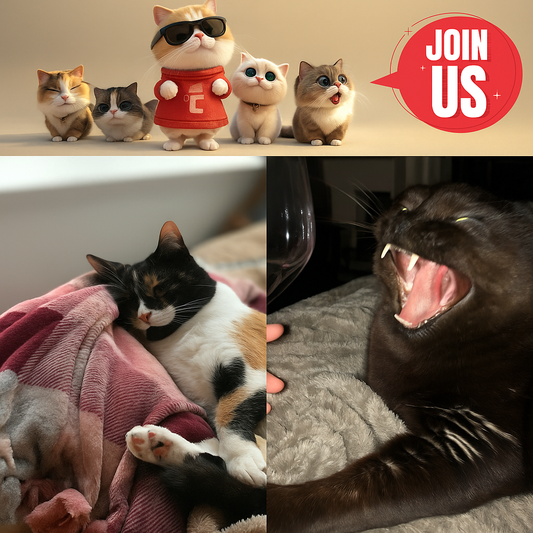 Collage image of a black cat yawning and a calico cat lounging on a bed with various small plush cat figurines displayed above; a red sticker says ‘NEW IN
