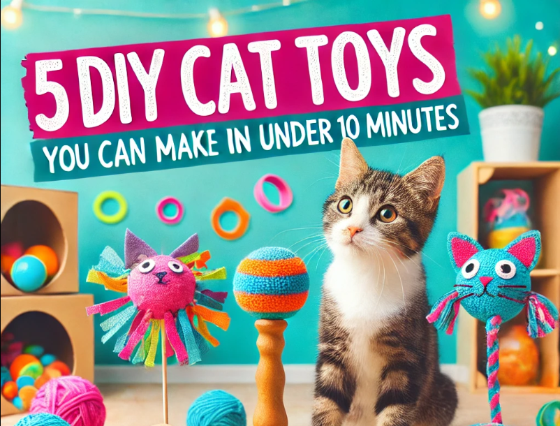 Playful cat interacting with colorful DIY toys, including a sock kicker, crinkle paper ball, t-shirt tassel wand, toilet paper roll treat dispenser, and bottle caps