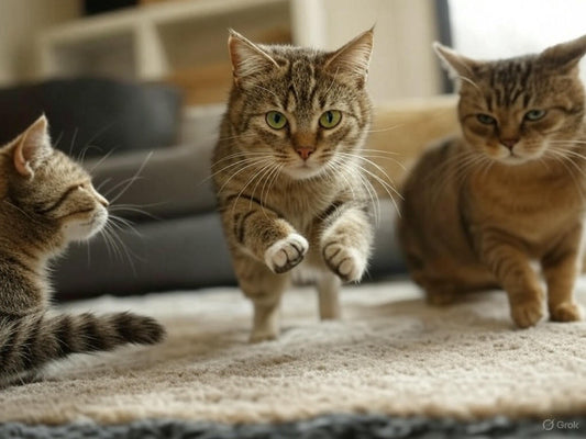 Three orange cats playing together on rug in cozy living room.