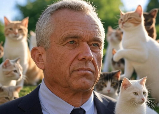 Man standing in front of several white cat statues outdoors.