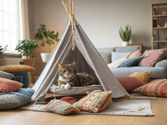 Cozy living room with cat sitting inside a small indoor teepee surrounded by pillows