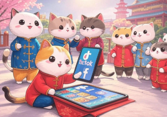 Cute cartoon cats in festive outfits celebrating outdoors with decorations and lanterns.
