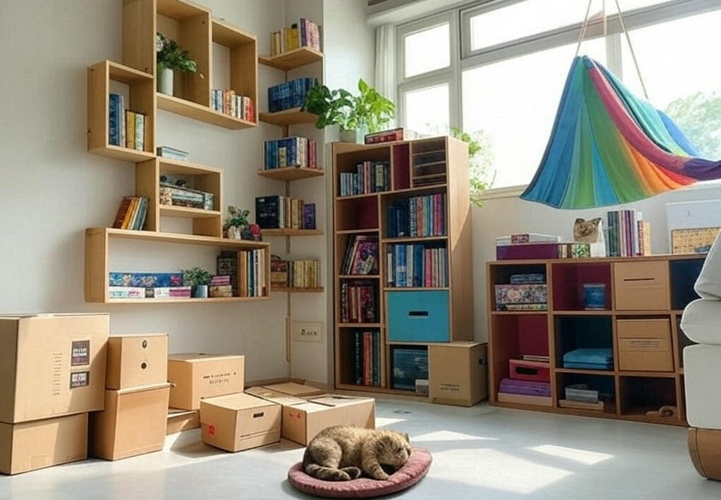 A sunlit room with wall-mounted bookshelves, a rainbow hammock, and stacked cardboard boxes. A cat rests on a cushion, enjoying the cozy, cat-friendly space