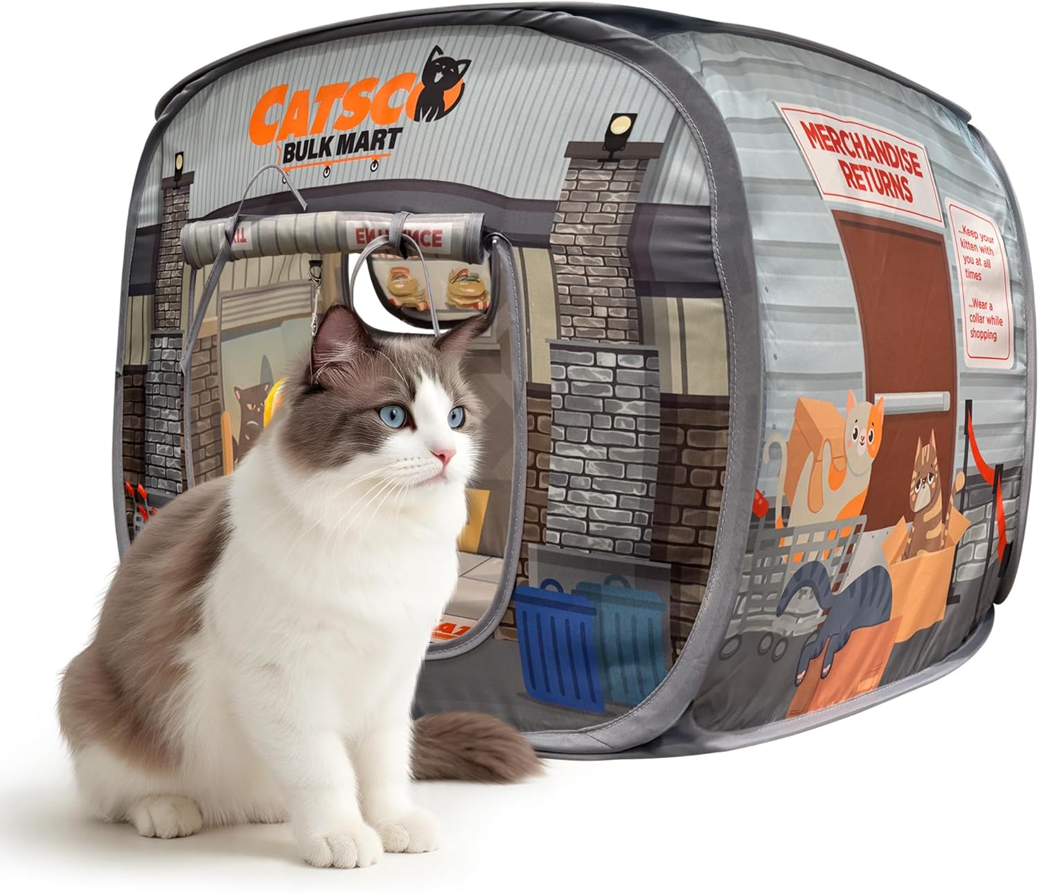 Catsco Bulk Mart pop-up cat house with fluffy cat sitting in front.