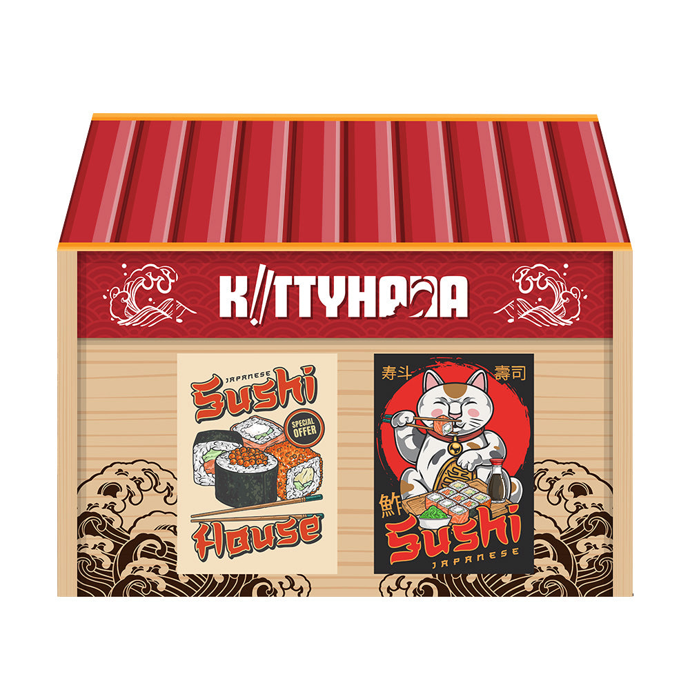 Front view of a cardboard cat playhouse designed as a convenience store, featuring a red striped roof, tan walls, and two printed poster graphics resembling shop advertisements on the front facade