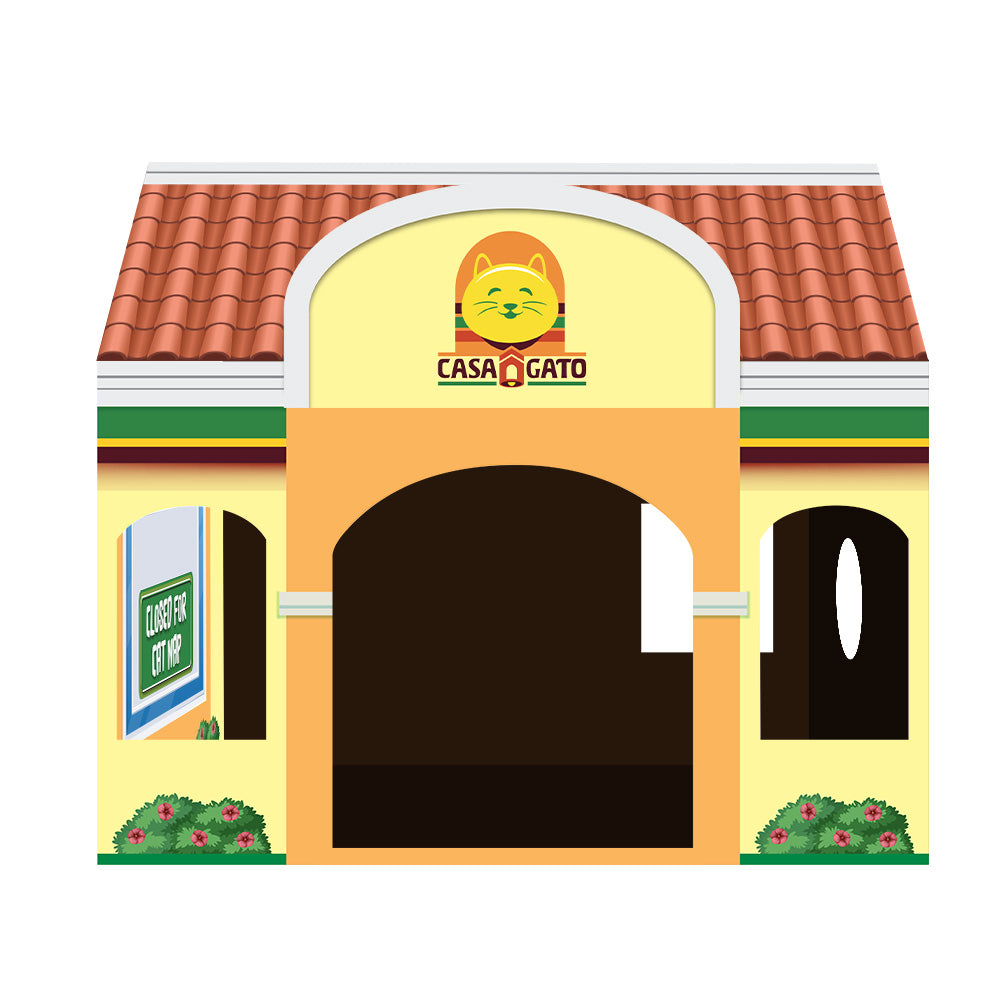Front view of Casa Gato cardboard cat house with arch entrance and ‘Closed for Cat Nap’ sign