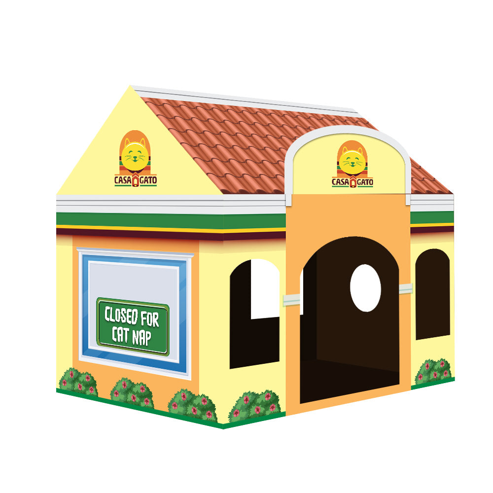 Casa Gato cardboard cat house with colorful design and ‘Closed for Cat Nap’ sign.