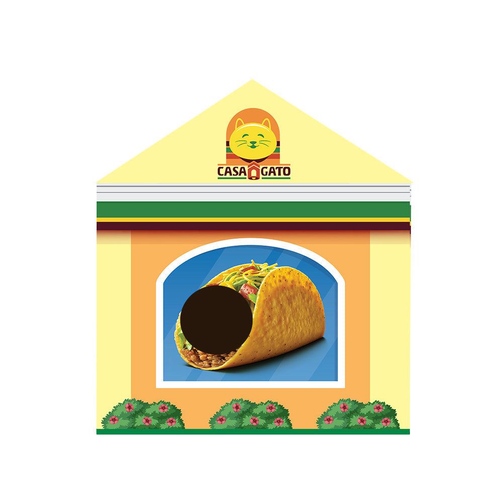 Casa Gato cardboard cat house side with large taco graphic and peek hole.