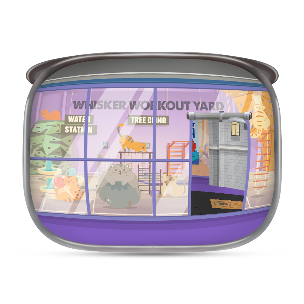 Side view of a purple and gray portable cat tent featuring a large mesh panel with a pastel grid pattern of illustrated cats and playful shapes; a partially open zipper door is visible on the right.