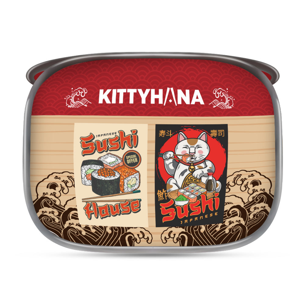 Front view of a rounded cat house decorated to look like a snack shop. The design features two large vintage-style snack posters and the words 'KittyTina' on a red awning at the top, with a beige lower half illustrated with coffee cups and snacks
