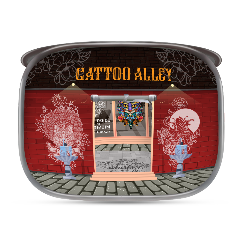 Front view of a pop-up cat house styled like a red retro café, featuring printed windows, café lights, and decorative signs reading 'Café for Alley Cats'.