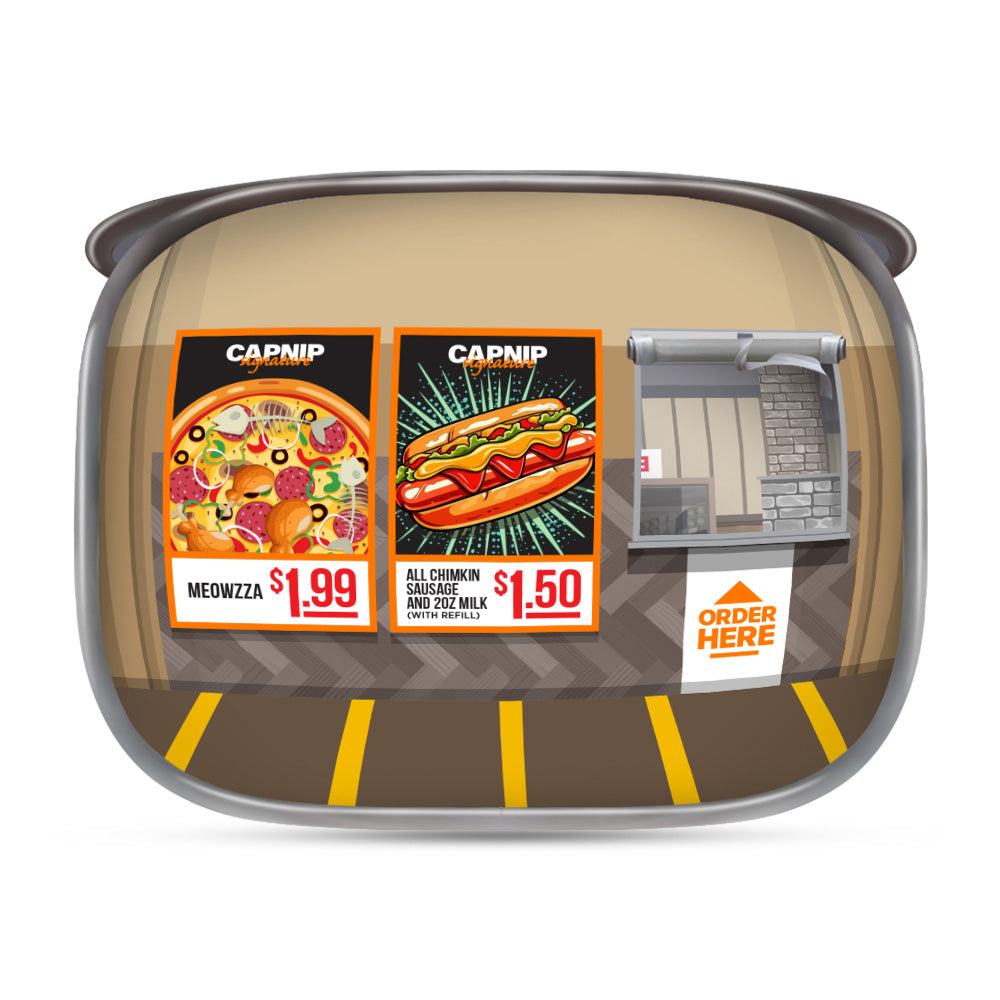 Catsco Bulk Mart pop-up cat house side with pizza and hot dog posters and order window