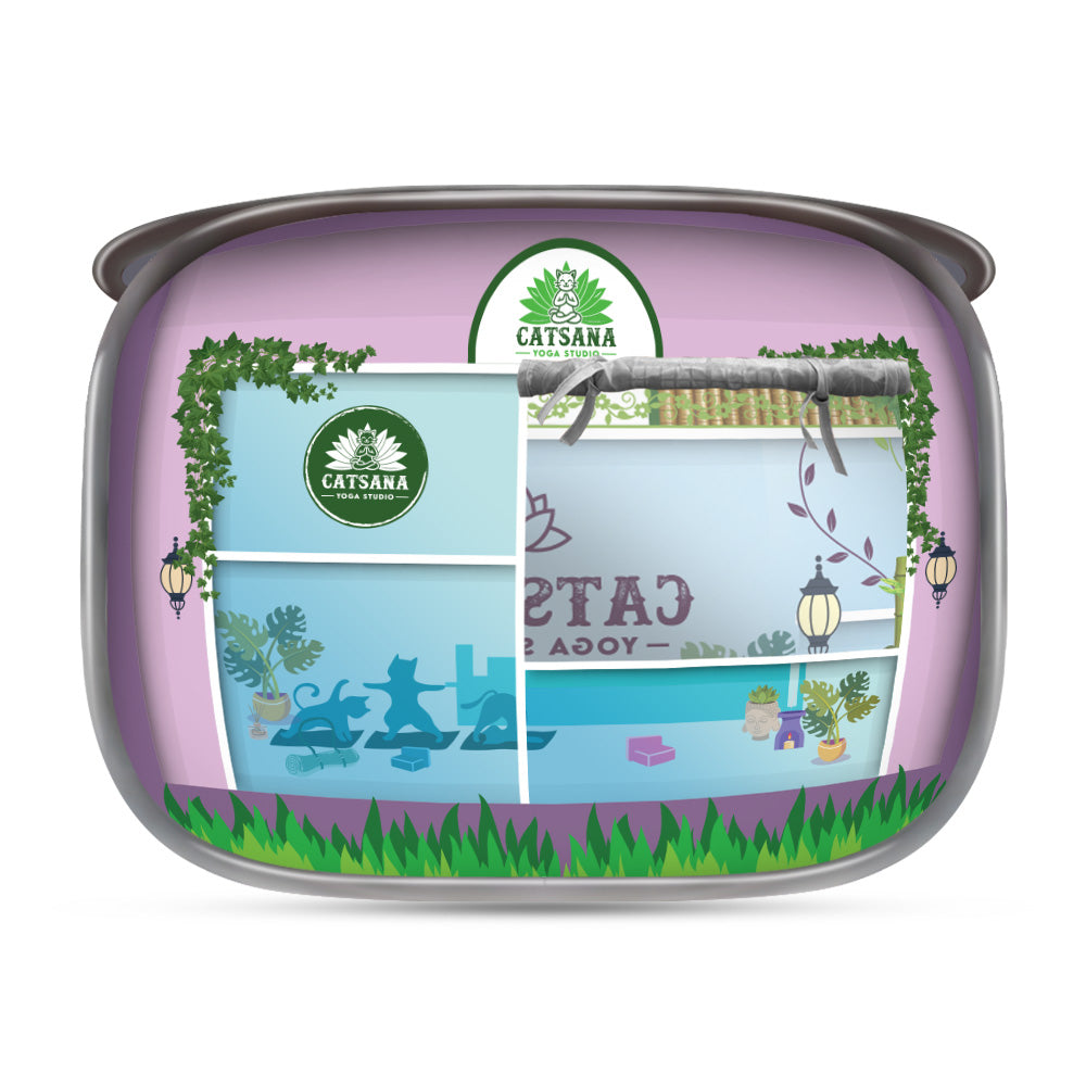 Front view of a purple garden-themed cat house with blue and green nature graphics.
