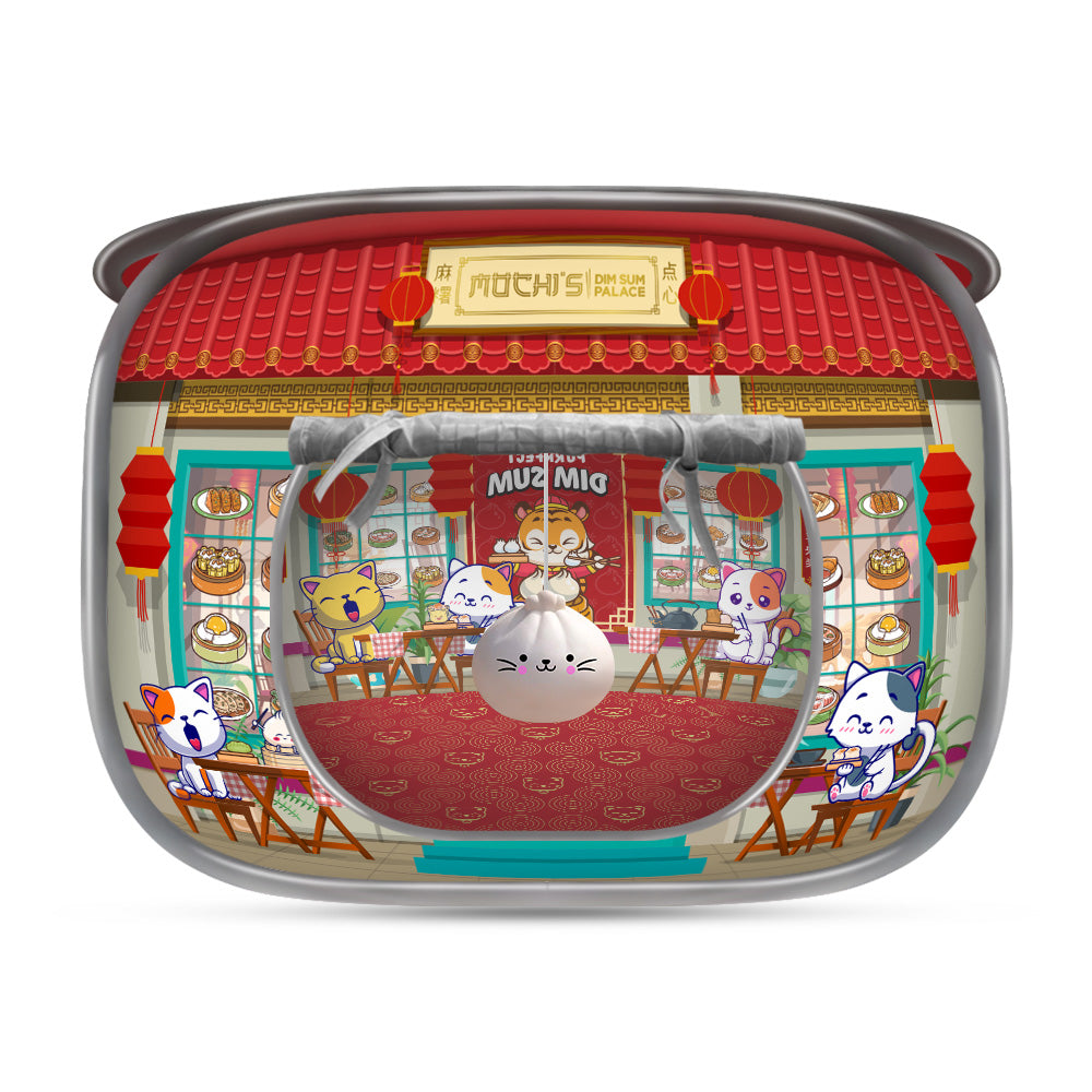 Mochi’s Dim Sum Palace pop-up cat house front with bun toy and cartoon cats inside