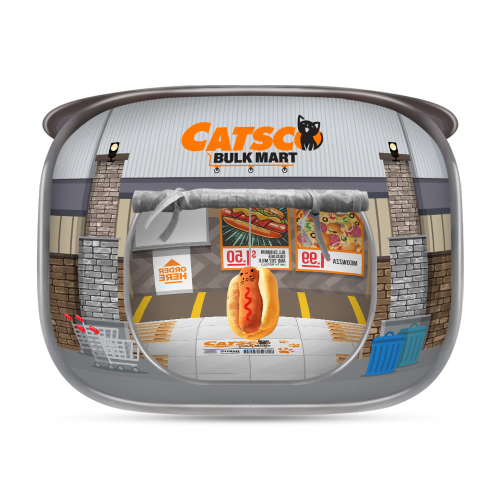 Front view of Catsco Bulk Mart pop-up cat house with hot dog toy and food signs