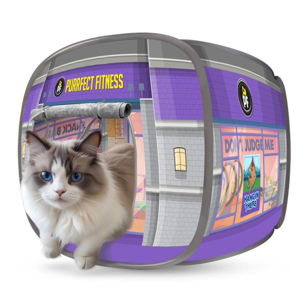 Side view of a purple and gray portable cat tent featuring mesh panels with colorful cartoon illustrations; a fluffy white and brown cat is peeking out of the front entrance.