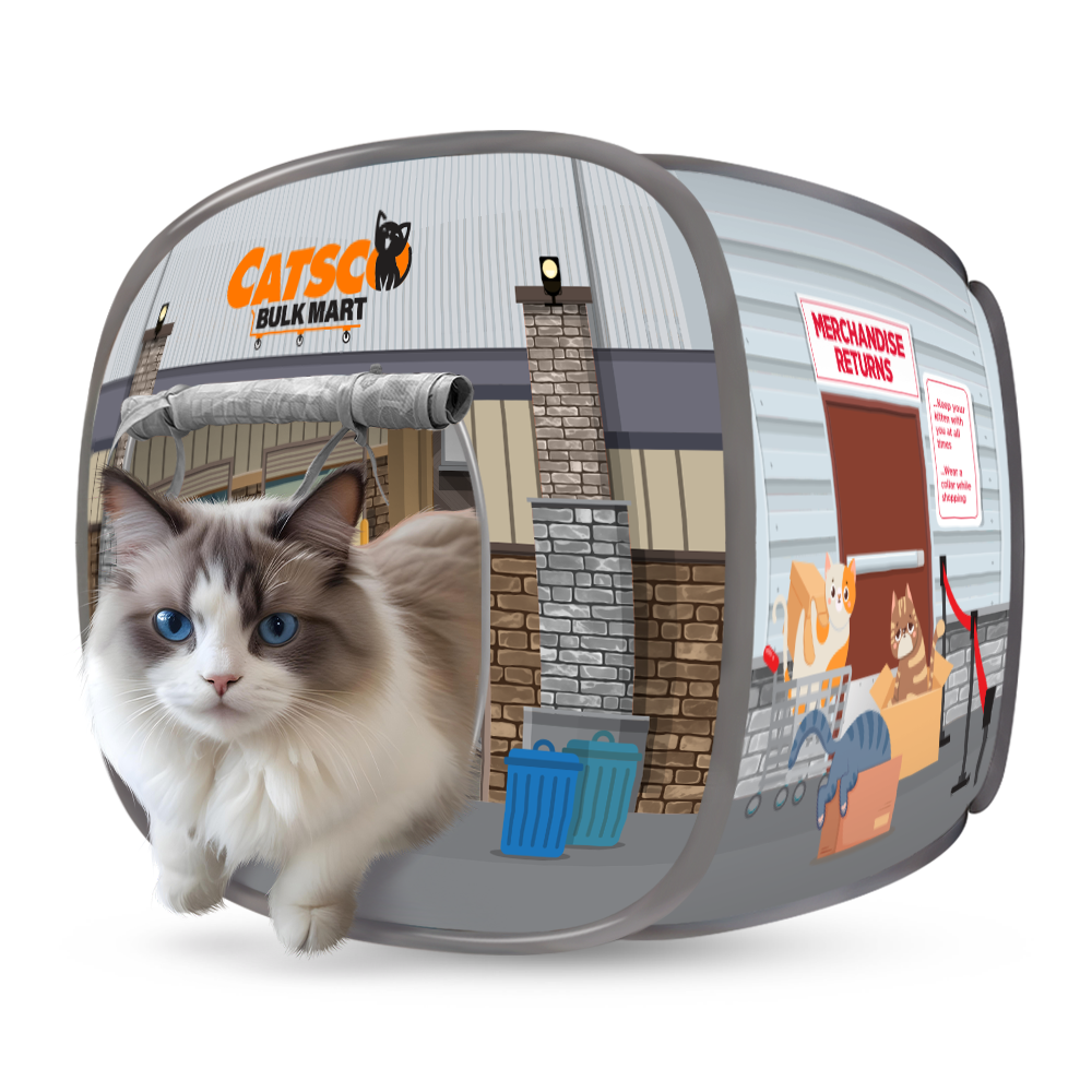 Catsco Bulk Mart pop-up cat house with fluffy cat at entrance and cartoon returns area
