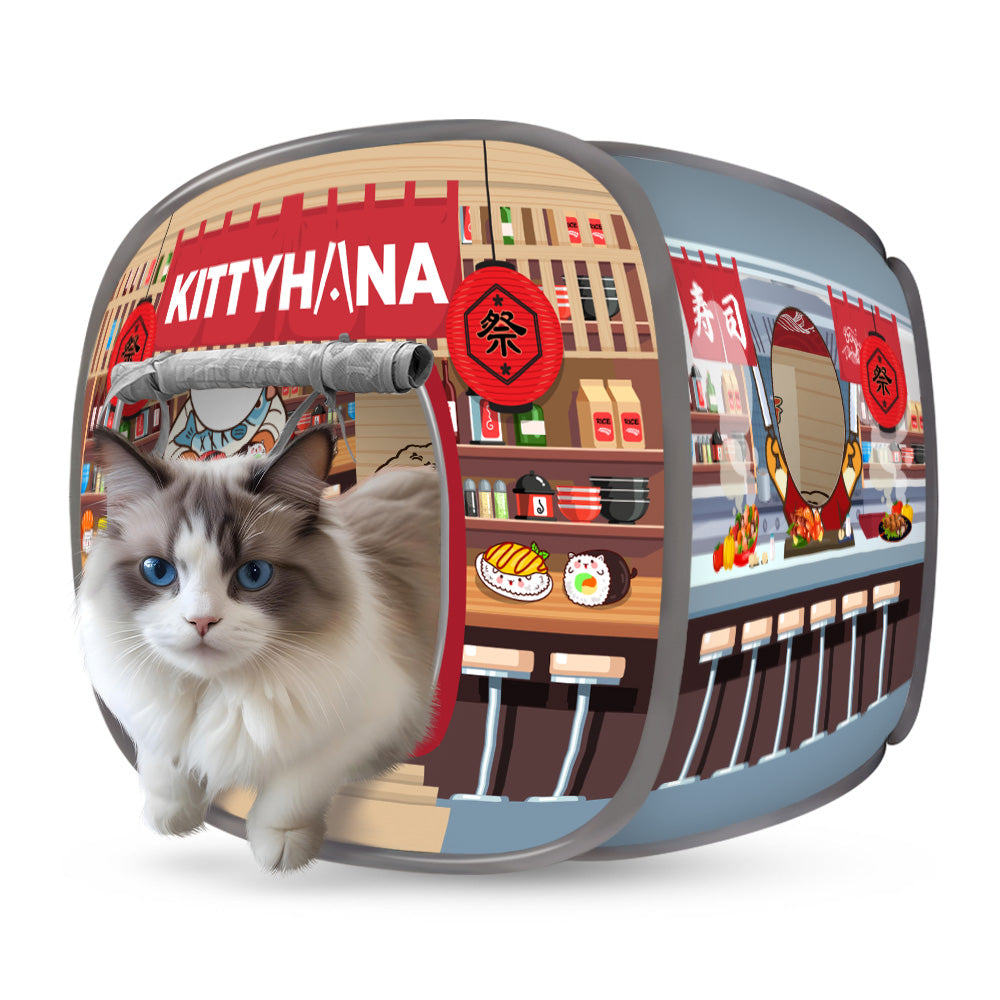 Round ‘Kitty Tina’ cat house with shelves and a cat in front