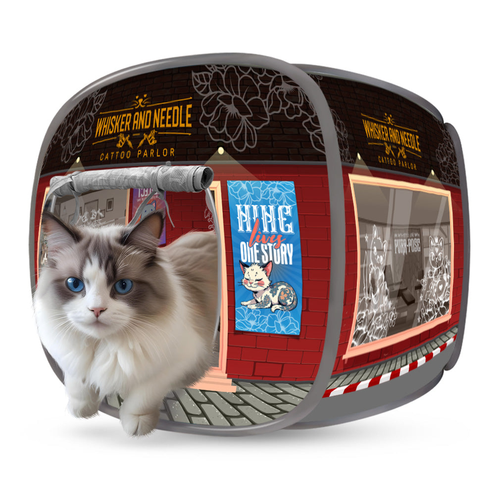 Angled view of a pop-up cat house styled like a red café, with a realistic print of windows, a door, and a café sign; a white and gray cat sits in front, partially blocking the entrance.