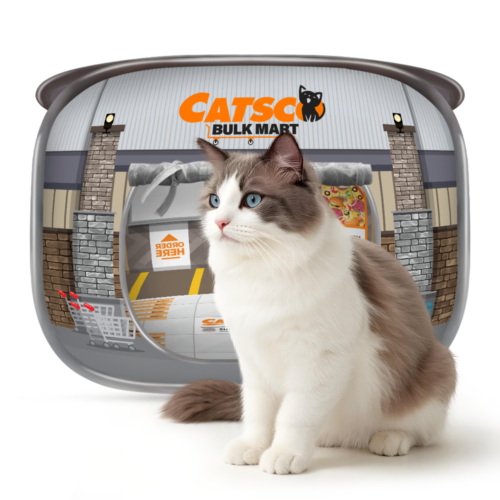 Catsco Bulk Mart pop-up cat house with fluffy cat sitting in front.
