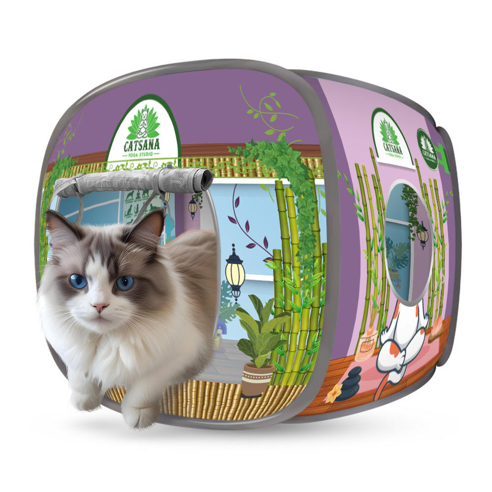 Garden-themed cat house with a fluffy cat sitting in front
