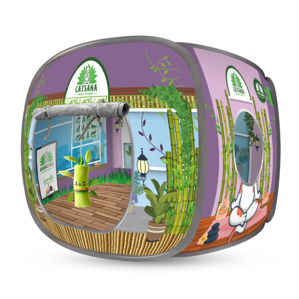 Green and purple cat house with illustrated garden shop design.