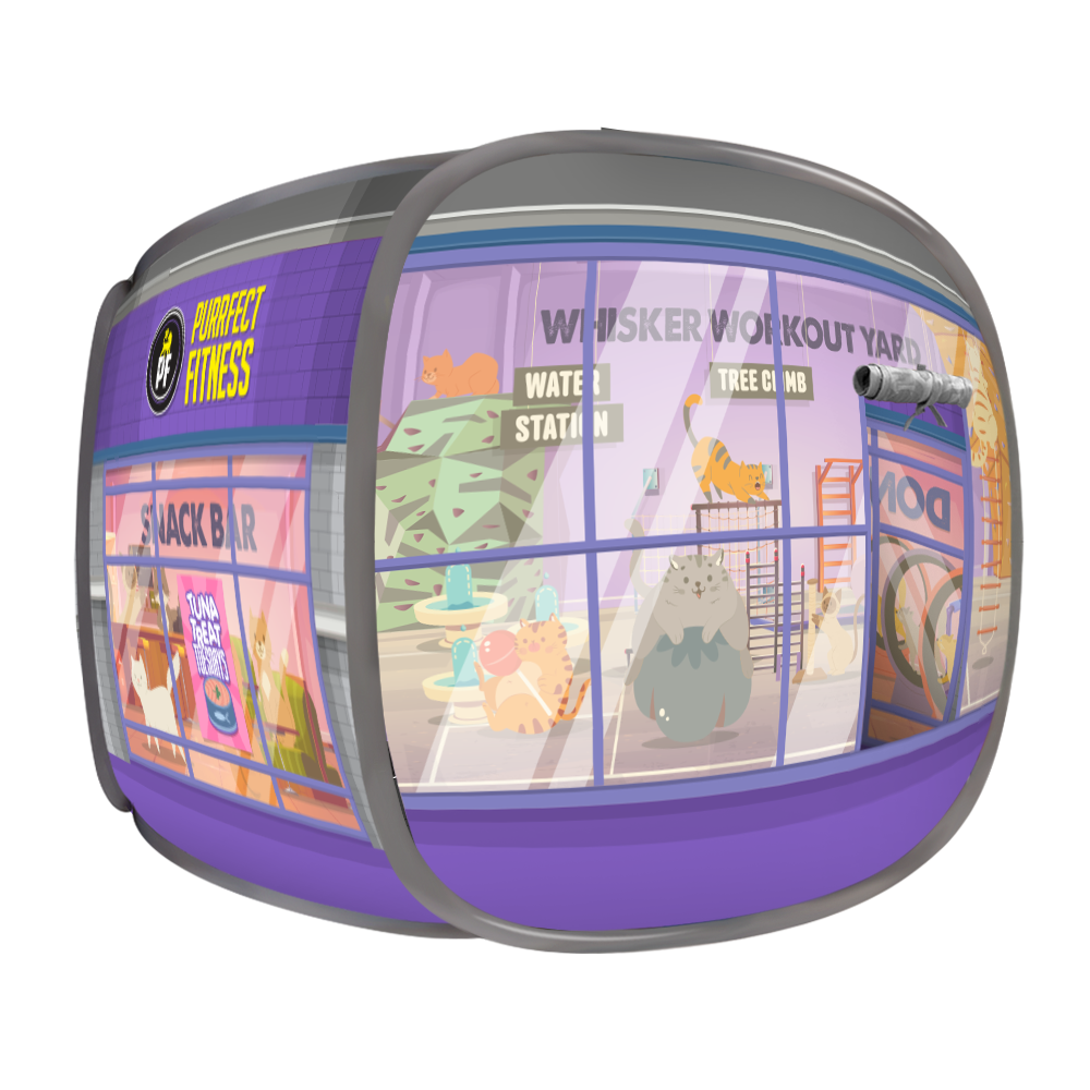 A purple and gray portable cat tent featuring large mesh windows and colorful illustrated panels depicting playful cats and toys, displayed zipped up with interior details visible through the mesh.