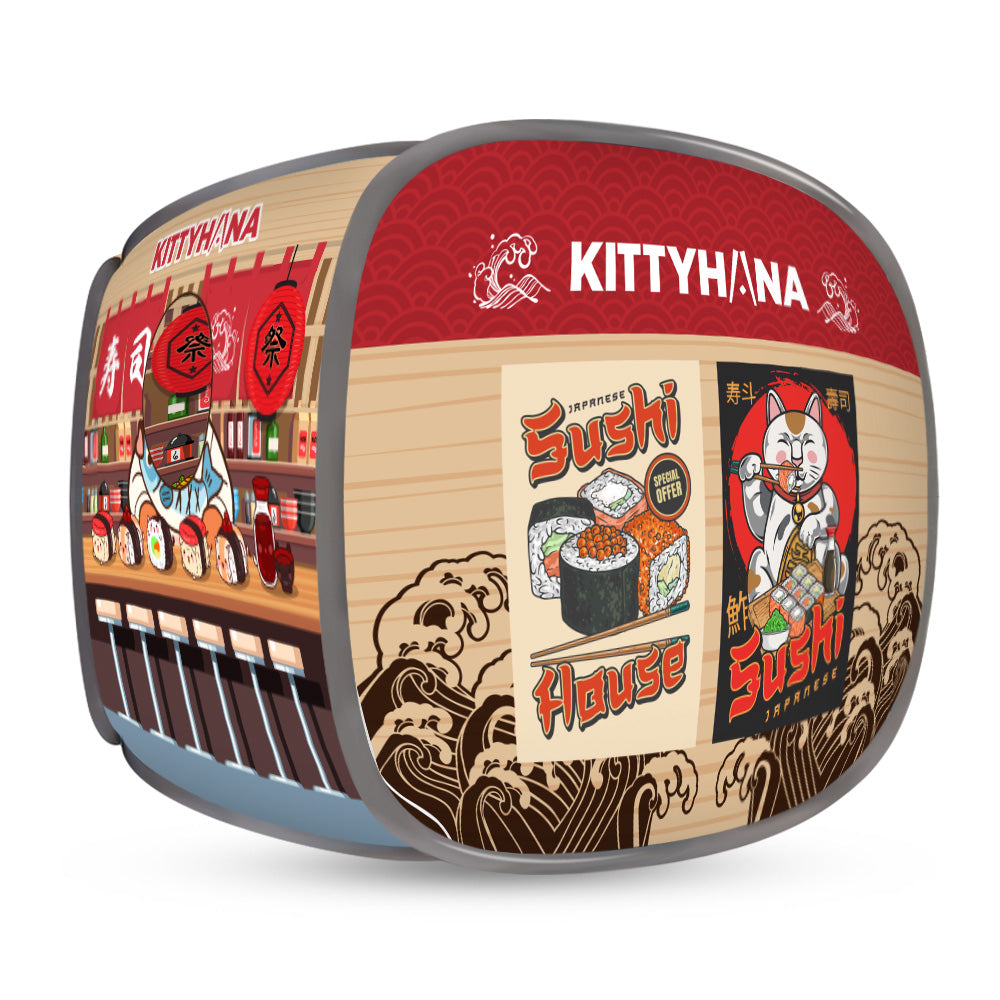 Rounded pop-up cat house designed like a beige and red fast-food stall. It features graphics of burgers, a drinks menu, and large posters on the side panels. A curved roof displays a store sign in white text on a red background.