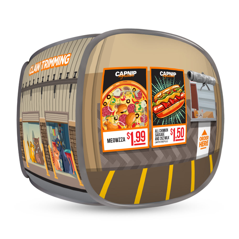 Side view of Catsco Bulk Mart pop-up cat house with pizza and hot dog ads