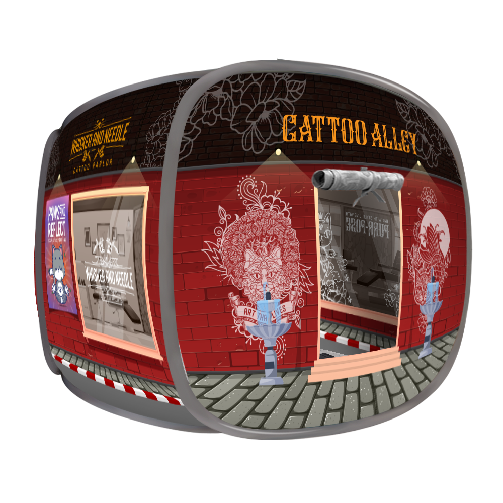 A pop-up collapsible cat house with a red and gray exterior, cartoon illustrations, and mesh windows, shown from an angled front view.