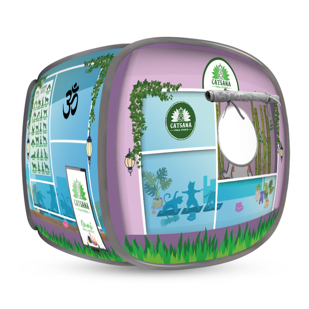 Purple and green cat house with garden-themed wall art and round window.