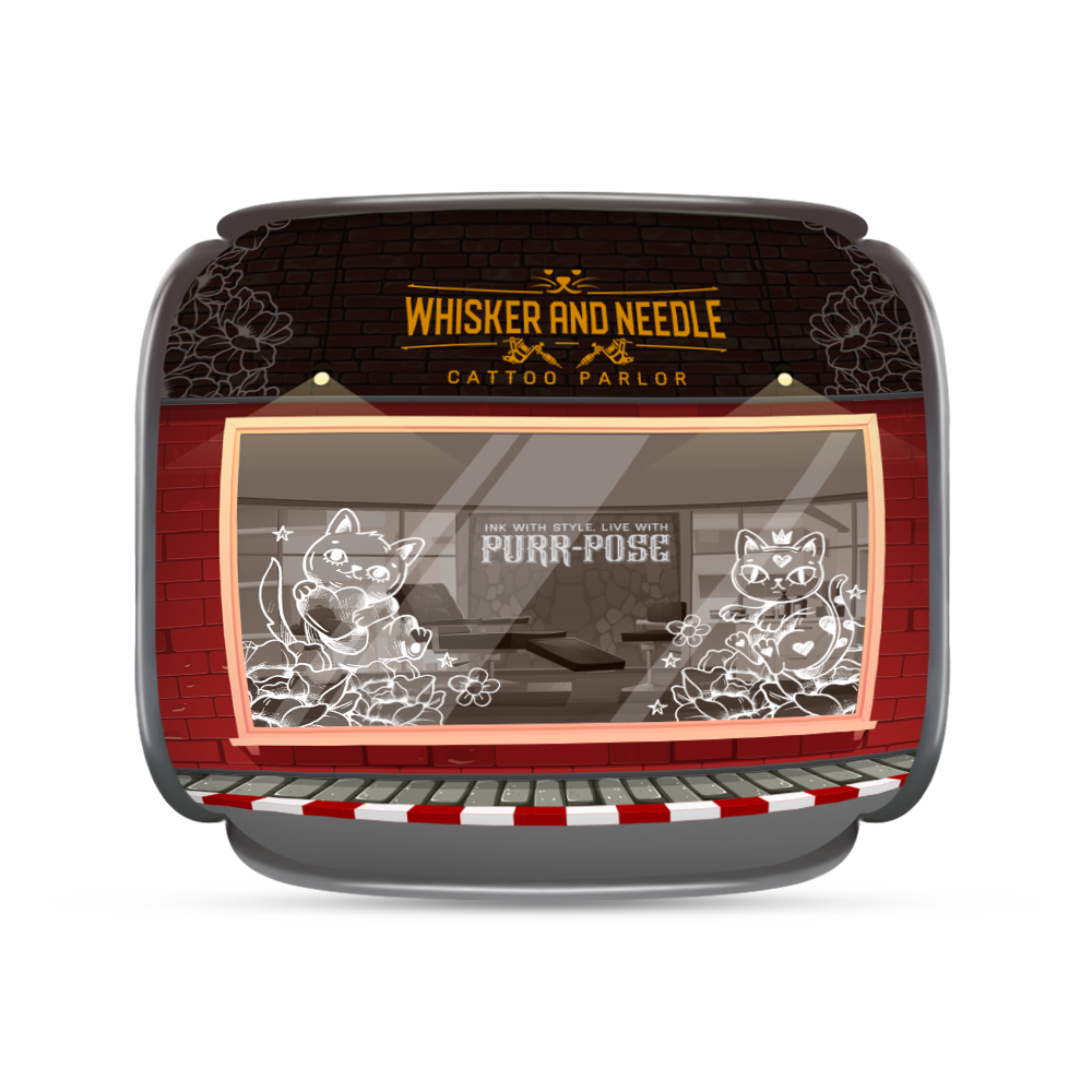 Front view of a collapsible cat house designed to resemble a red and black retro diner, with checkered trim and a large mesh window