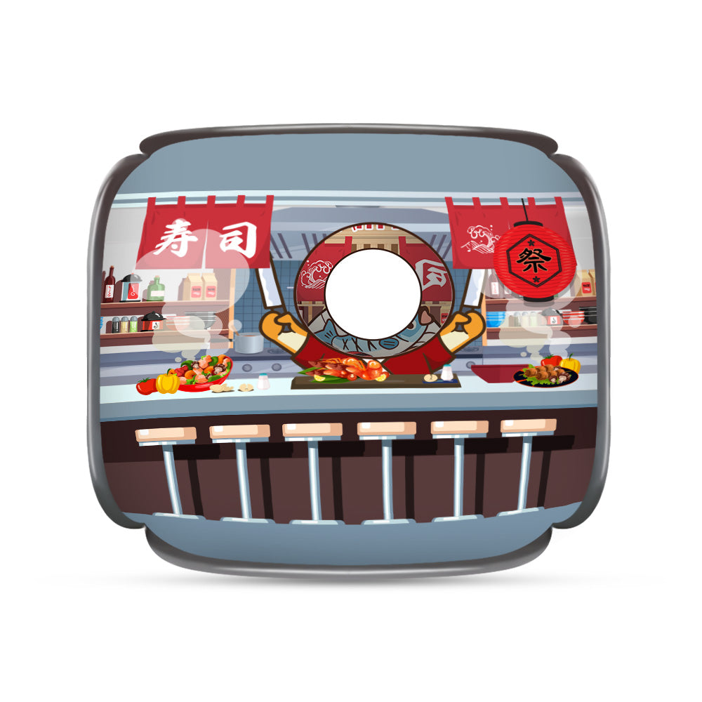 Front view of a rounded cat playhouse designed like a colorful fast-food stall. It has a circular entrance in the center, cartoon food posters on the top, and an illustrated counter with drinks and burgers lined up at the bottom