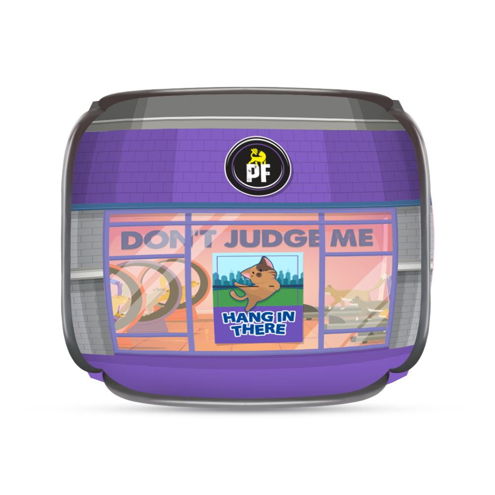 Back view of a purple and gray portable cat tent with a large mesh window showing an illustrated playful cat scene inside; a small circular logo is centered at the top