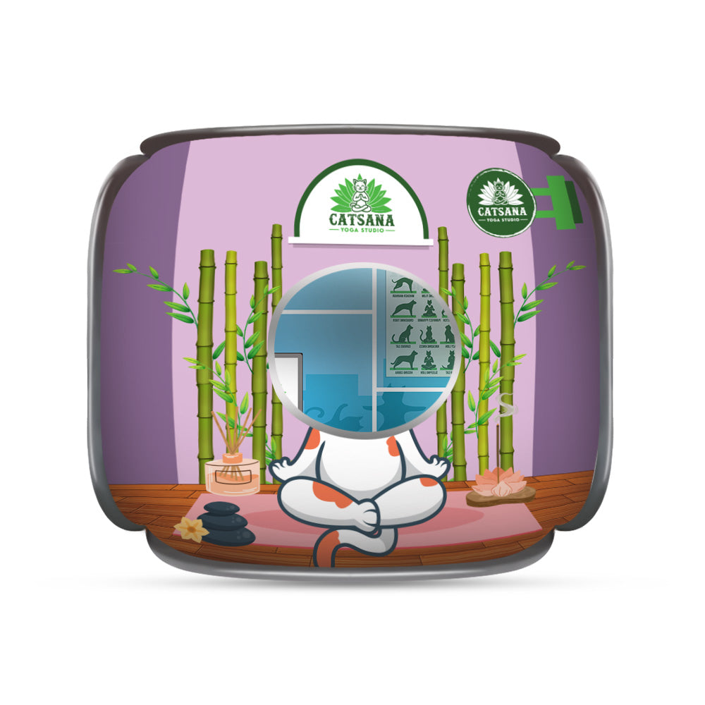 Side view of a purple garden-themed cat house with a large round window and plant graphics.