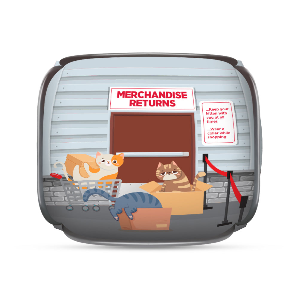 Catsco Bulk Mart pop-up cat house back view with merchandise returns door and cartoon cats