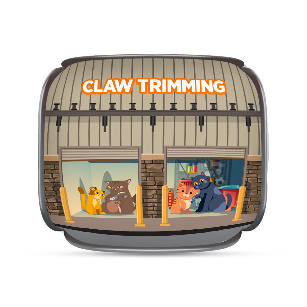 Catsco Bulk Mart pop-up cat house back with Claw Trimming sign and cartoon cats.