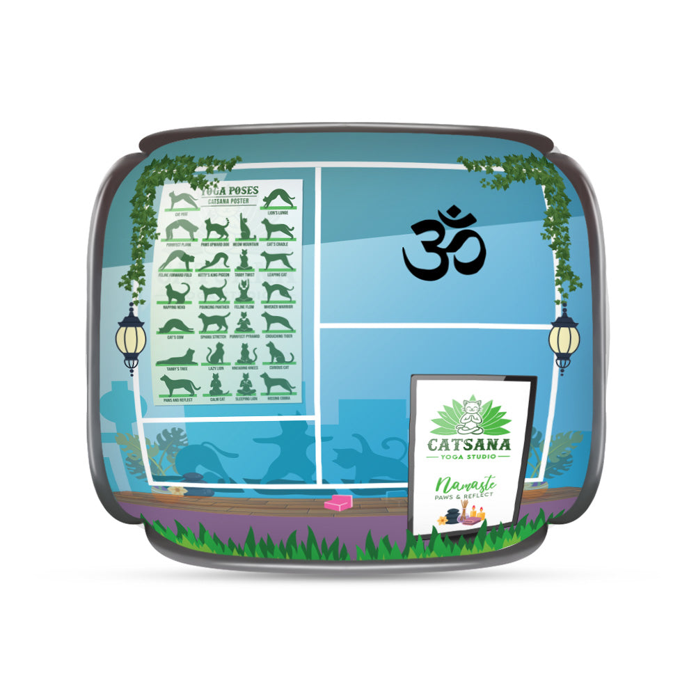 Blue roof garden-themed cat house with plant and butterfly designs